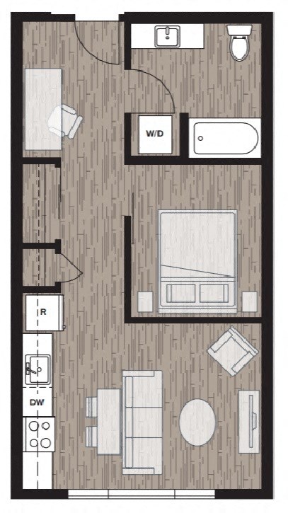 1 bed 1 bath floor plan J at Riverfront Everett, Everett